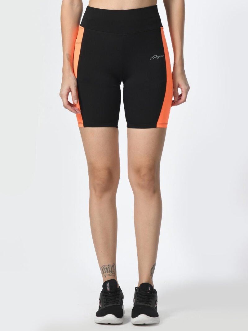 Waylene Black & Orange Colorblock High-Performance Shorts with Pocket - Image 4