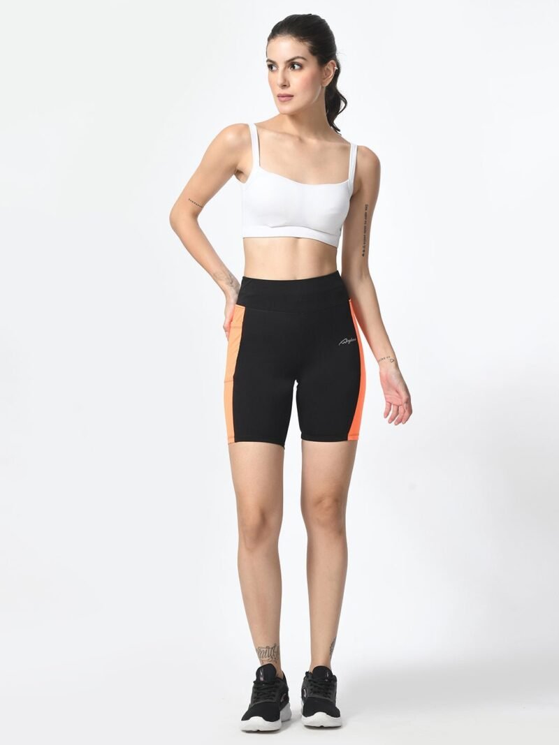 Waylene Black & Orange Colorblock High-Performance Shorts with Pocket - Image 6