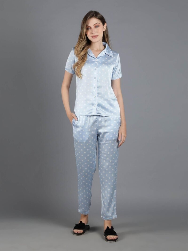 Waylene Light Blue Polka Dot Satin PJ Set for Women, Shop Online, Buy Online - Luxurious Casual Wear - Image 4