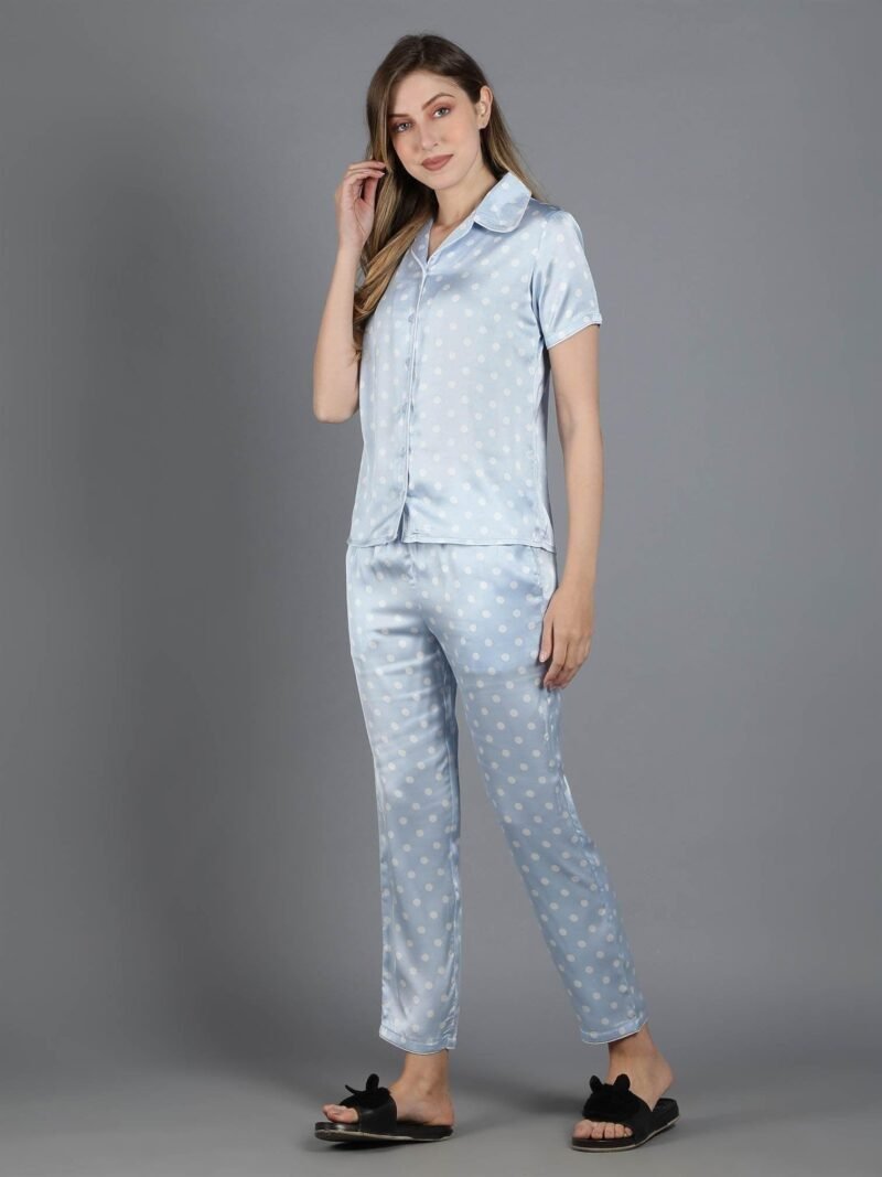 Waylene Light Blue Polka Dot Satin PJ Set for Women, Shop Online, Buy Online - Luxurious Casual Wear - Image 3