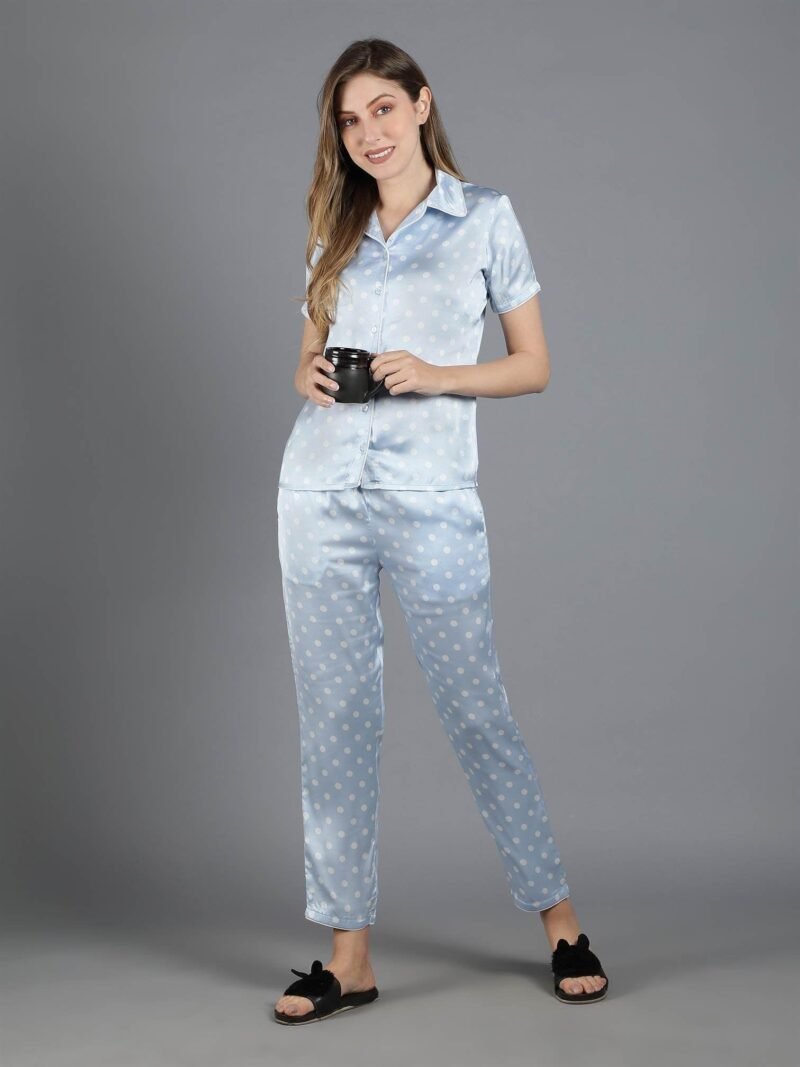 Waylene Light Blue Polka Dot Satin PJ Set for Women, Shop Online, Buy Online - Luxurious Casual Wear - Image 2