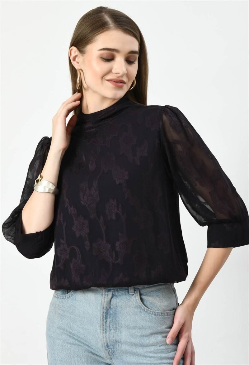 Waylene Dark Jamuni Western Top with Sheer Puff Sleeves for Women, Shop Online, Buy Online