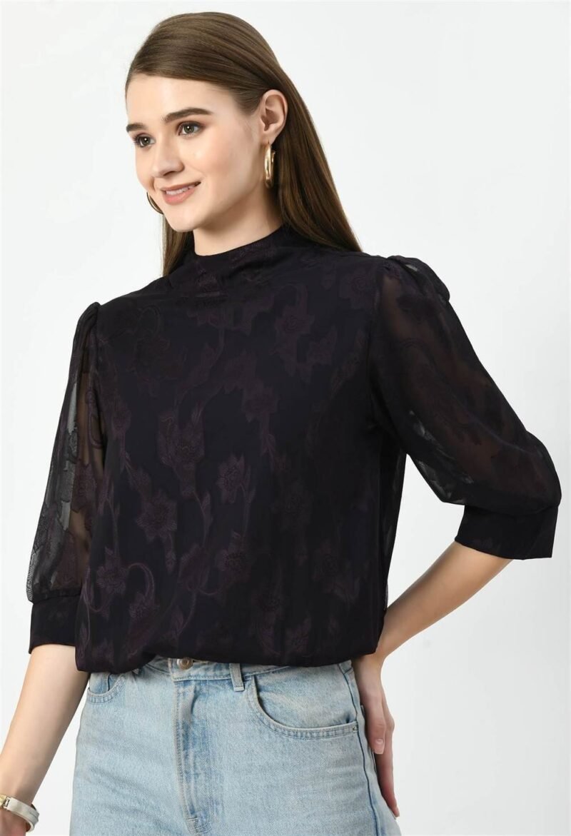 Waylene Dark Jamuni Western Top with Sheer Puff Sleeves for Women, Shop Online, Buy Online - Image 6
