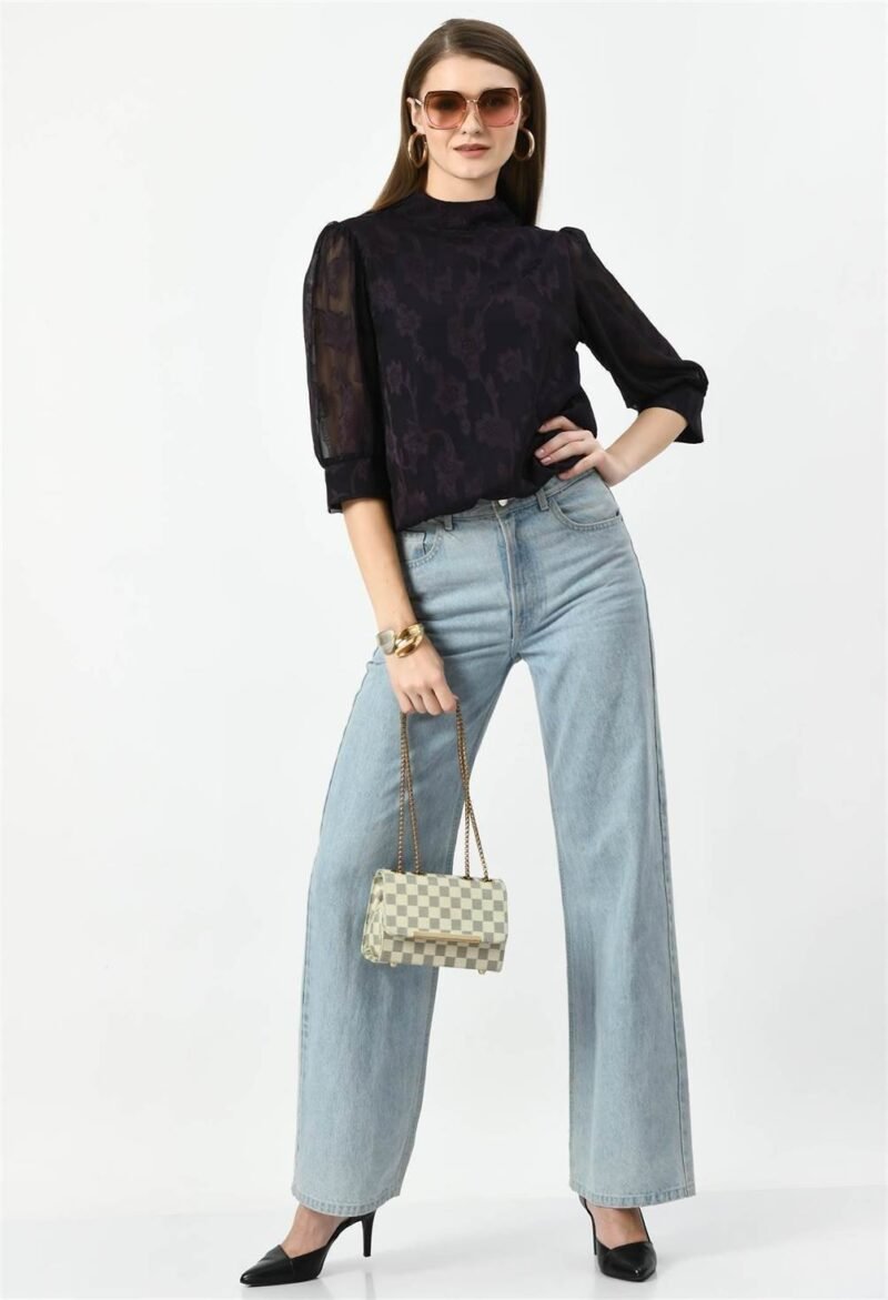 Waylene Dark Jamuni Western Top with Sheer Puff Sleeves for Women, Shop Online, Buy Online - Image 2