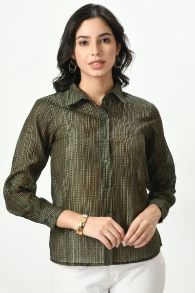 Waylene Striped Green Sheer Shirt for Women, Casual Western Wear, Shop Online, Buy Online